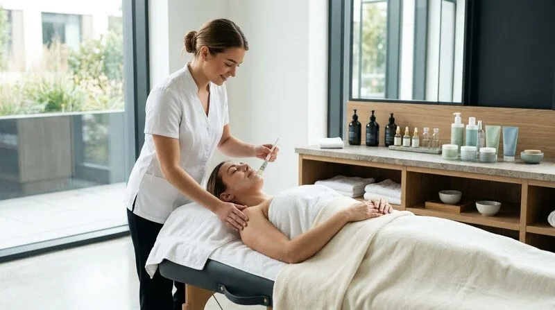 Portrait en pied d'une jeune femme apprentie esthéticienne en blouse blanche dans un institut de beauté lumineux, préparant délicatement un soin du visage sur une cliente allongée sur une table de massage, lumière naturelle douce filtrant à travers de grandes fenêtres, ambiance professionnelle et sereine, plans de travail organisés avec produits cosmétiques et fioles de parfumerie