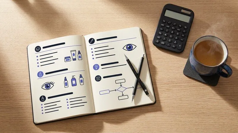 Vue en plongée d'un cahier de formation ouvert avec plan de cours BTS esthétique, calculatrice et tasse de thé sur bureau en bois clair, ambiance studieuse et sereine, lumière matinale traversant une fenêtre
