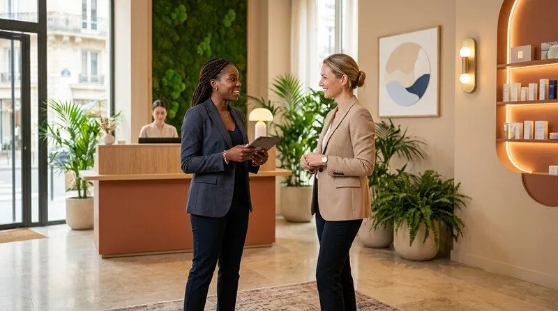 Deux femmes en tenue professionnelle discutent devant l'accueil moderne d'un spa parisien, atmosphère chaleureuse et confiante, plantes vertes en arrière-plan, palette beige et terracotta