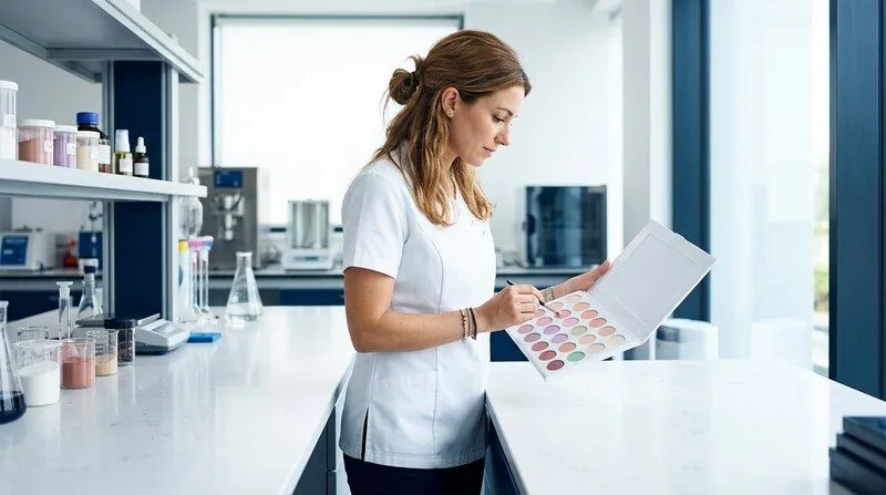 Jeune femme brune en blouse blanche d'esthéticienne examinant une palette de produits cosmétiques dans un laboratoire lumineux aux tons pastel, ambiance studieuse et raffinée avec matériel scientifique en arrière-plan