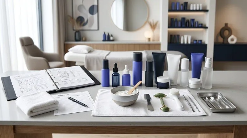 Table de travail d'un institut de beauté avec produits cosmétiques, fiches techniques et matériel de soin