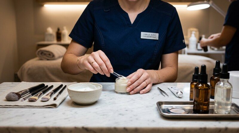 Plan rapproché des mains d'une élève en formation CAP Esthétique manipulant délicatement du matériel professionnel — pinceaux, spatules et flacons de cosmétiques posés sur une table de travail en marbre blanc, éclairage tamisé d'un institut