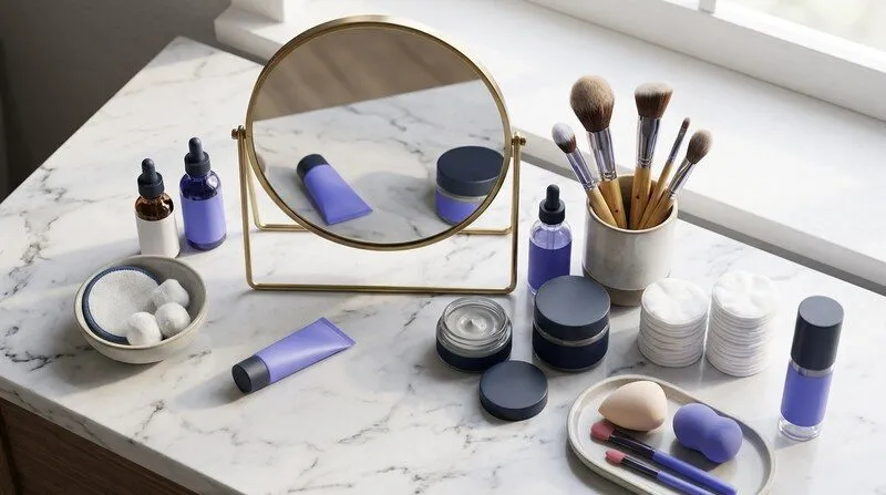 Vue en plongée d'un poste de travail d'esthéticienne avec produits cosmétiques, pinceaux, disques de coton et miroir rond posés sur un plan de travail marbré, éclairage naturel matinal