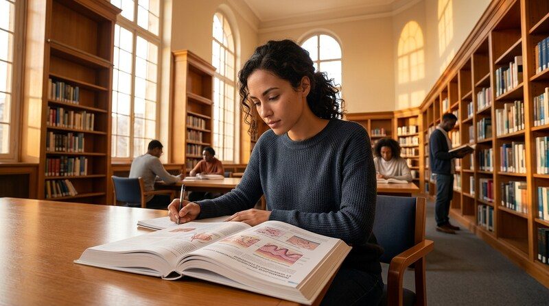 Vue en contre-plongée d'une jeune femme adulte en reconversion consultant un manuel technique de biologie appliquée aux soins esthétiques dans une bibliothèque baignée de lumière dorée, atmosphère studieuse et sereine