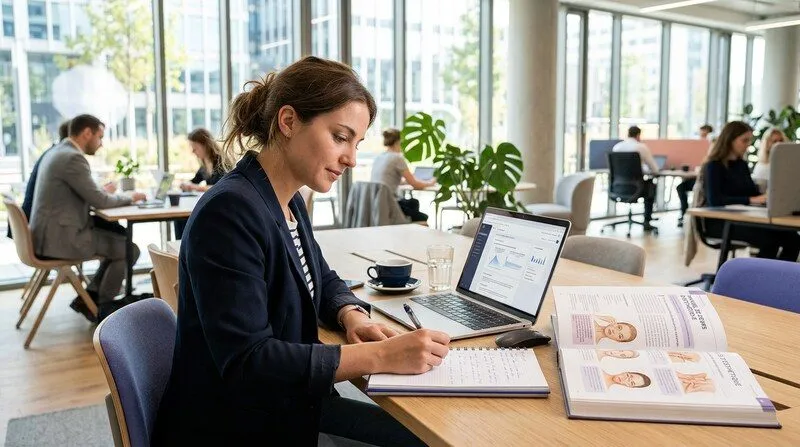 Jeune femme adulte en reconversion professionnelle prenant des notes devant un ordinateur portable dans un espace de coworking lumineux, manuel de cours d'esthétique ouvert à côté d'elle