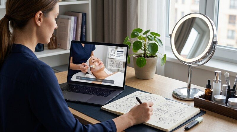 Espace de travail domestique d'une candidate en reconversion : ordinateur ouvert sur une leçon de soins du visage, cahier de notes annoté et miroir de maquillage professionnel