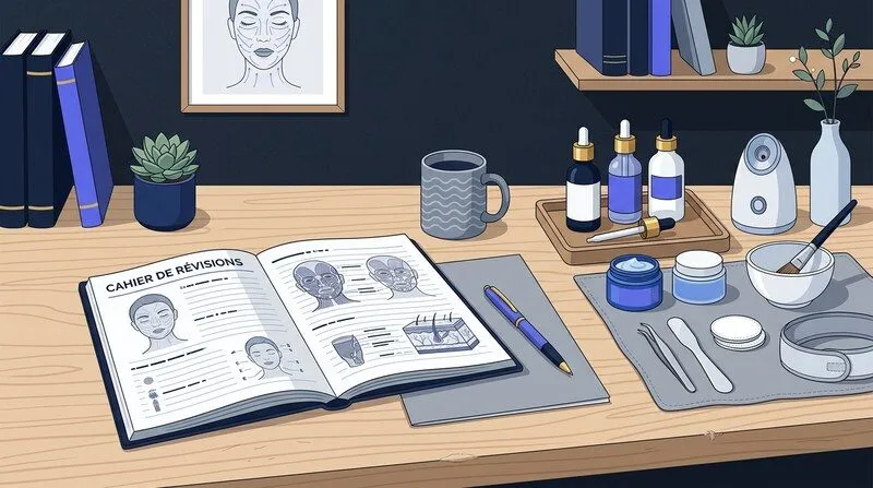 Table de travail pédagogique avec cahier de révisions et matériel professionnel de soins visage