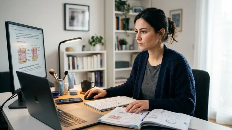 Femme en reconversion étudiant le CAP Esthétique à distance depuis son bureau à domicile
