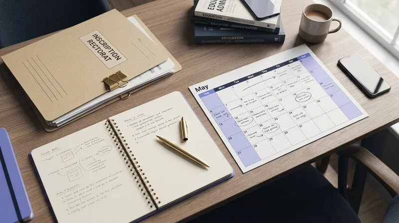 Vue plongeante sur un bureau organisé avec dossier d'inscription rectorat, calendrier annoté, stylo doré et carnet ouvert, ambiance studieuse contemporaine, éclairage tamisé matinal, palette chaude et minimaliste