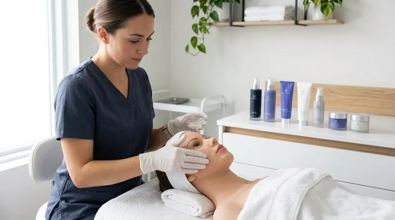 Mains gantées de blanc d'une candidate réalisant un soin du visage sur un mannequin de démonstration en institut, produits cosmétiques alignés, atmosphère professionnelle épurée, lumière blanche latérale