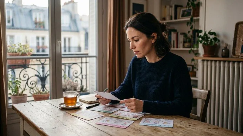 Portrait cinématique d'une femme trentenaire concentrée révisant ses fiches de CAP Esthétique sur une table en bois clair, tasse de thé fumante, lumière naturelle douce de fin d'après-midi entrant par une fenêtre parisienne