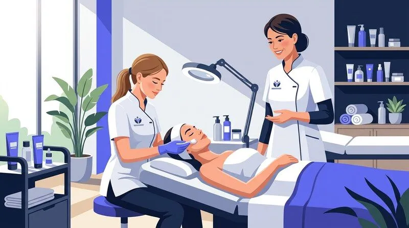 Apprentie en CAP esthétique réalisant un soin du visage sur une cliente en institut, sous supervision de sa formatrice