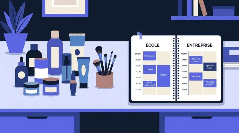 Poste de travail d une esthéticienne en alternance : produits cosmétiques, pinceaux de maquillage et planning école-entreprise