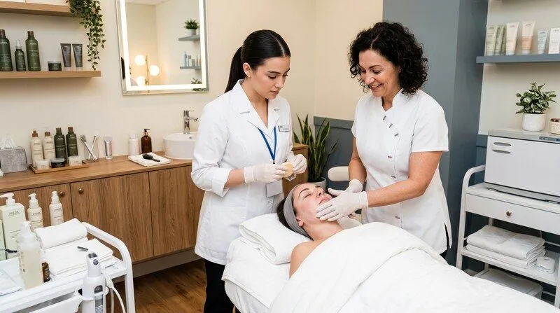Jeune femme en blouse blanche apprenant les gestes de soin du visage auprès d une esthéticienne en salon