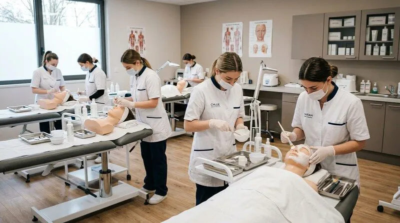 Salle de cours d'un CFA esthétique avec plusieurs étudiantes en blouse pratiquant des soins du visage sur mannequins, ambiance studieuse et professionnelle, lumière naturelle douce