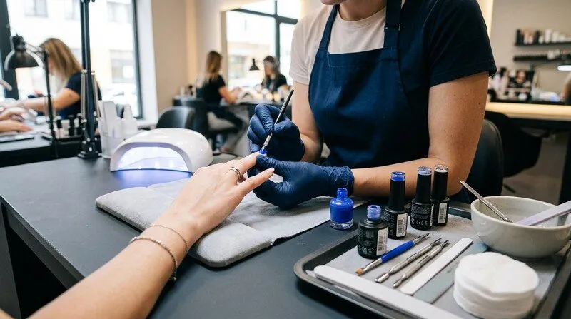 Gros plan sur les mains d'une apprentie réalisant une pose de vernis avec précision dans un institut de beauté, plateau d'outils de manucure et flacons cosmétiques disposés autour