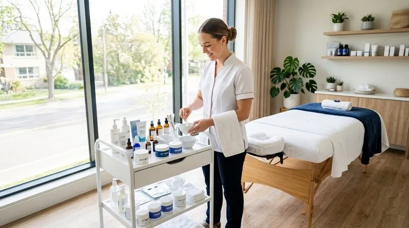 Jeune apprentie esthéticienne en blouse blanche prépare un soin du visage dans un institut lumineux avec table de massage, produits cosmétiques rangés et grande fenêtre laissant entrer la lumière du matin