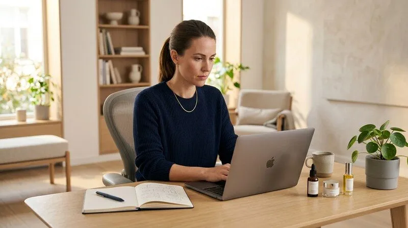 Femme trentenaire concentrée devant son ordinateur portable dans un intérieur épuré et lumineux, cahier de notes ouvert et flacons de cosmétiques posés à côté d'elle, ambiance studieuse et sereine en fin d'après-midi