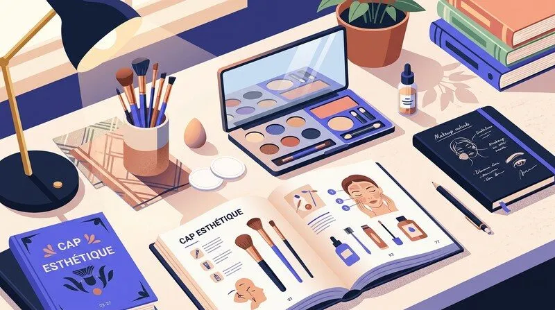 Table de travail d'étudiante en esthétique avec un manuel ouvert sur le CAP, une palette de produits cosmétiques, des pinceaux de maquillage et un carnet manuscrit, vue en plongée douce, éclairage naturel chaleureux d'une fin d'après-midi