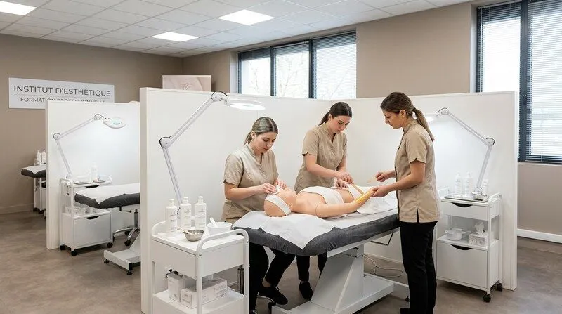 Salle de cours d'école privée d'esthétique où trois apprenties en blouses beiges pratiquent l'épilation et le soin du visage sur mannequins, cabines de soin blanches avec équipement professionnel, ambiance feutrée et concentrée