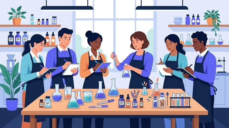 Groupe de stagiaires en formation cosmétique autour d'une table de travail avec fioles et hydrolats