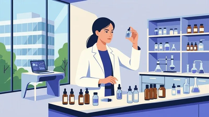 Femme observant des flacons dans un laboratoire de formulation cosmétique