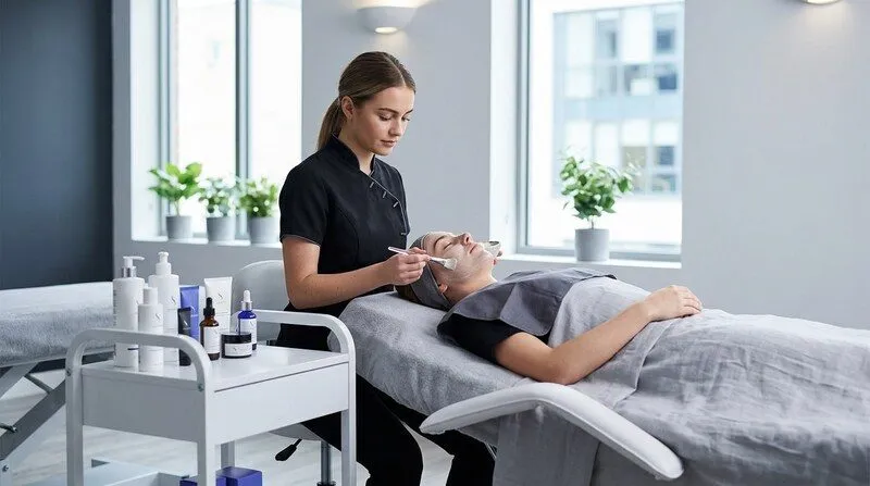 Élève esthéticienne réalisant un soin visage lors d une session pratique en école agréée