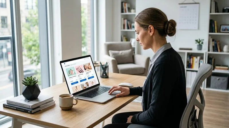 Candidate en reconversion consultant les formations esthétique éligibles CPF sur son ordinateur
