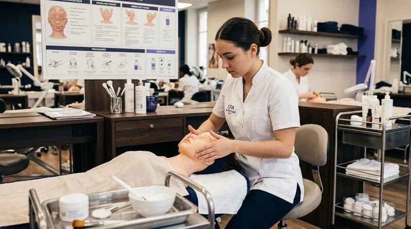 Jeune apprentie esthéticienne en blouse blanche apprenant un geste de soin du visage sur mannequin dans un CFA parisien, tableau de techniques cosmétiques en arrière-plan, lumière tamisée d'atelier professionnel