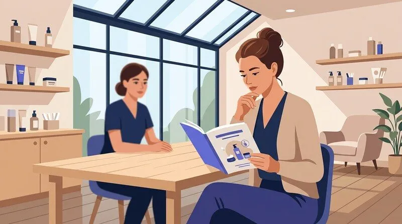 Femme adulte en reconversion consultant un livret de formation esthétique dans un institut de beauté lumineux, ambiance douce et chaleureuse, lumière naturelle traversant une grande verrière, décor beige et bois clair, atmosphère de délibération intérieure