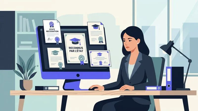 Femme en reconversion consultant les diplômes esthétique reconnus par l'État