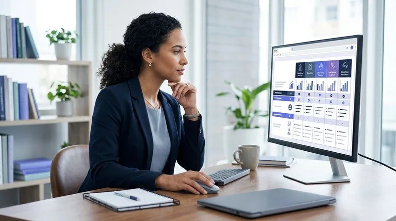 Femme en reconversion consultant un comparatif de formations esthétique courtes