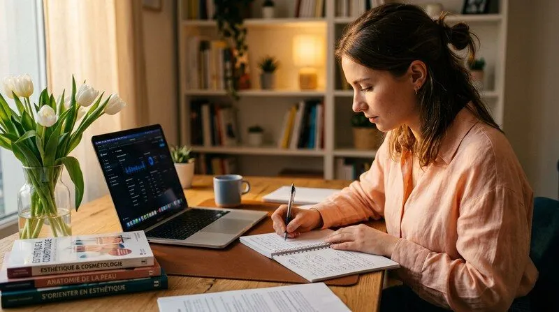 Vue rapprochée en teintes chaudes et cinématiques d'une jeune femme en blouse pastel notant sur un carnet à côté d'un ordinateur portable, entourée de manuels d'esthétique et d'un vase de tulipes blanches, ambiance studieuse d'une reconversion professionnelle en cours